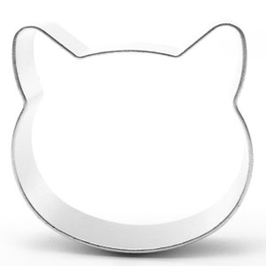 May include: A silver metal cookie cutter shaped like a cat's face.