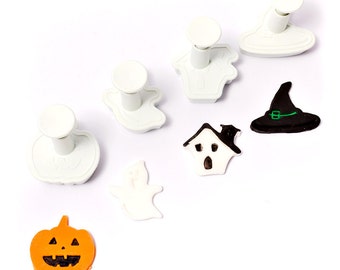 Fondant Cutter Plunger Set 4pcs Halloween Ghost Pumpkin Witch Hat Haunted House