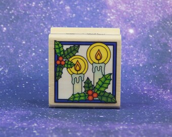 CANDLES With HOLLY, Wood Mounted Rubber Stamp