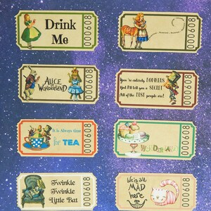 May include: Set of ten vintage-style ticket-shaped cards with Alice in Wonderland themed illustrations and text. The cards feature quotes from the book, such as "Drink Me", "It is Always time for TEA", and "We're all MAD here".