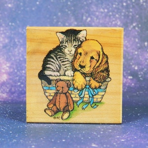 KITTEN, PUPPY, Teddy BEAR, Wood Mounted Rubber Stamp