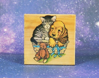 KITTEN, PUPPY, Teddy BEAR, Wood Mounted Rubber Stamp