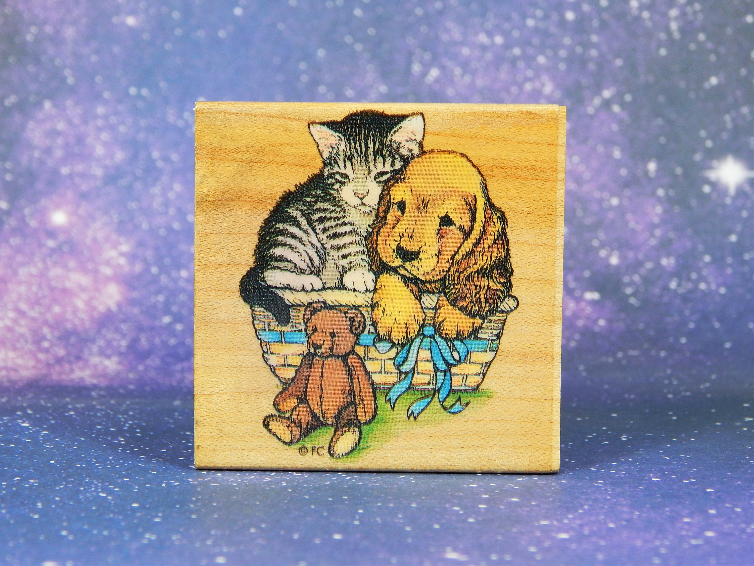 KITTEN, PUPPY, Teddy BEAR, Wood Mounted Rubber Stamp