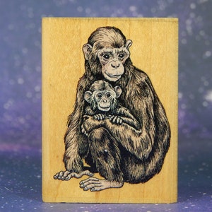 CHIMPANCÉS, sello montado en madera, estampida de caucho