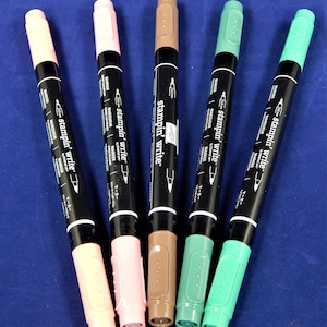 May include: Five black and white markers with the text "stampin' write" on the side. The markers are in the colors peach, pink, brown, teal, and green.