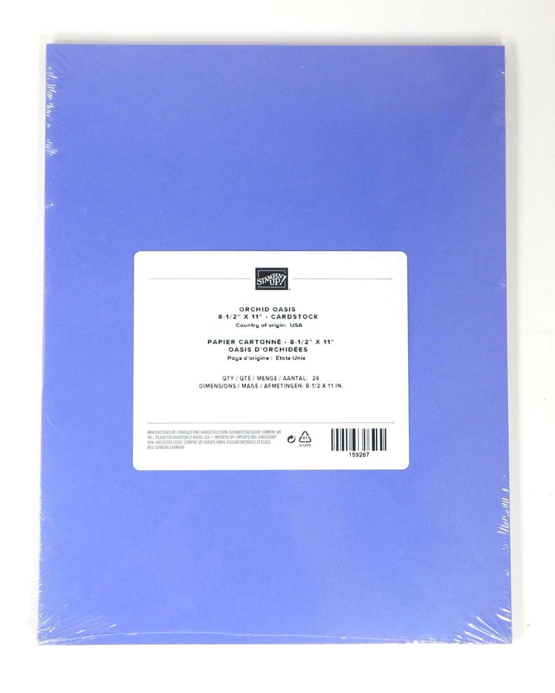 May include: A pack of Orchid Oasis cardstock paper in a light purple hue. The paper measures 21.6 x 27.9 cm. The packaging includes a white label with product information.