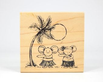 Timbro in gomma con topolini Hula montato su legno, Luau hawaiano