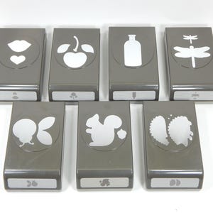 May include: A selection of grey paper punches featuring white cut-out designs such as a cherry, lips, a bottle, a dragonfly, a butterfly, a squirrel, and scallops. Each punch has a matching design on the base.