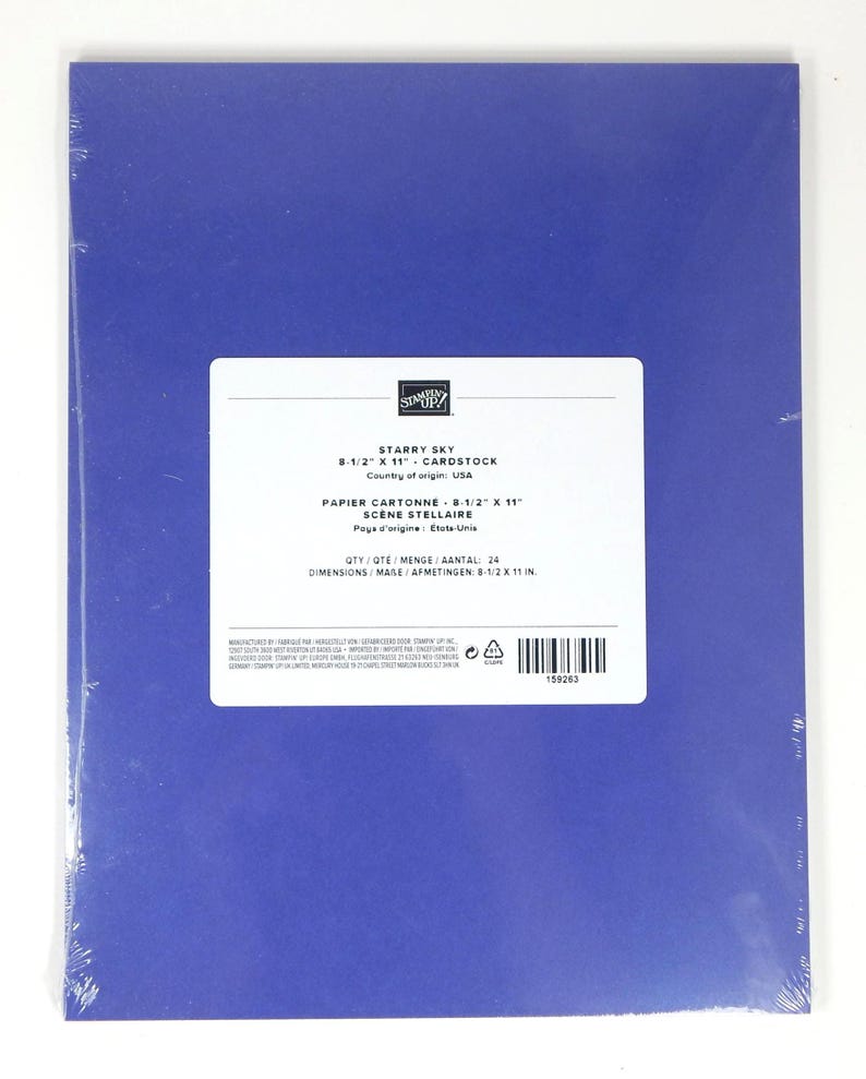 May include: A pack of Starry Sky cardstock paper, measuring 21.6 x 27.9 cm. The paper is a deep blue colour and is wrapped in clear plastic. The label includes the text "STARRY SKY" and "CARDSTOCK".