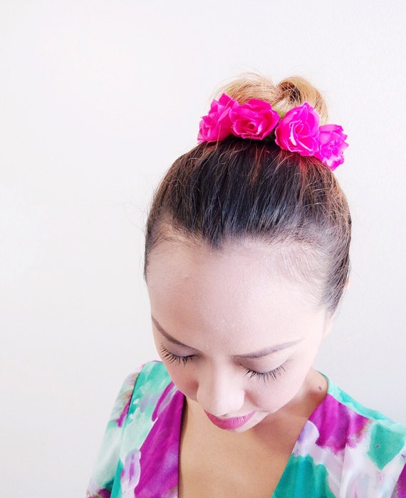 Hot Pink Rose Adjustable Bun Wrap Rose Bun Crown Hair Bun Etsy