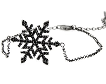 Snowflake Charm Bracelet, Black Rhodium Bracelet, 925 Sterling Silver Bracelet, Zircon Charm Bracelet,   Birthday Gift Idea, Women's Jewelry