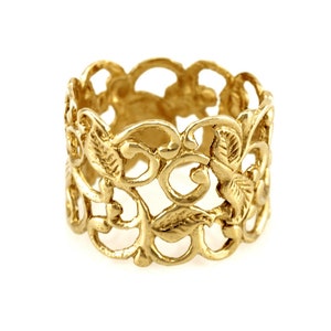 Anillo de filigrana de oro de 14 k, anillo vintage, anillo romántico, anillo de estilo antiguo, anillo llamativo de oro, anillo de bodas de oro, banda floral de oro