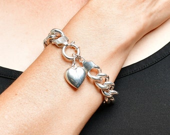 Chunky silver big link bracelet with a heart charm - Romantic gift for woman