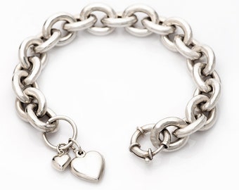 Chunky Silver Heart Bracelet, Sterling Silver Rolo Chain Bracelet, Statement Heart Bracelet, Heart Bracelet Gift ,Wife Anniversary Gift