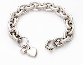Chunky Silver Heart Bracelet, Sterling Silver Rolo Chain Bracelet, Statement Heart Bracelet, Heart Bracelet Gift ,Wife Anniversary Gift