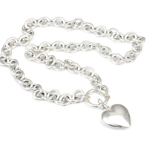 Chunky Heart Necklace, Statement Heart Necklace, Toggle Chain, Sterling Silver Necklace,  Silver Heart Charm, Valentine&#39;s Gift For Her