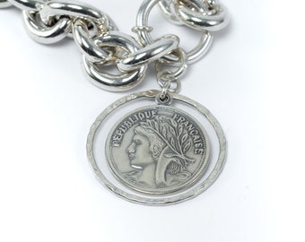 Antique Franch Coin Pendant, Vintage 925 Silver Necklace, Rolo Chain Necklace, Statement Necklace, Women's Gift, Mom Jewelry Gift