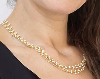 Short gold delicate multi strand necklace with small pearl beads - Bridal necklace.