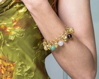 Golden Gemstone Bracelet, Colorful Gemstone Bracelet, Chunky Stone Bracelet, Multi Gemstone Bracelet, Layering Beaded Bracelet