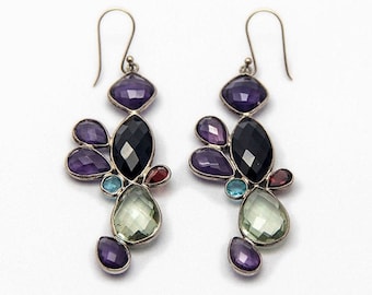 Long Multistone Earrings, Silver Gemstone Earrings, Colorful Earrings, Long Silver Earrings, Purple & White Earrings, Avantgarde Earrings