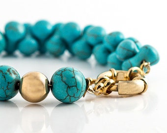 Howlite Nugget Bracelet - Chunky Turquoise Bracelet with golden elements- Free Shipping