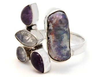 Pearl ring combined with Purple Amethyst and Opal gemstones - silver and gemstone ring - Anniversary gift idea - Artistic ring