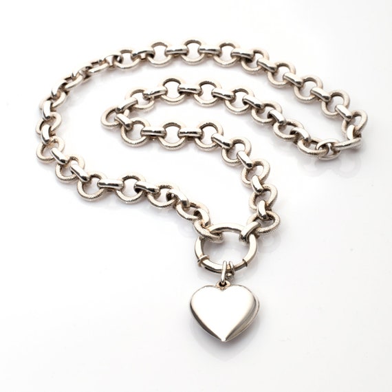 Chunky Heart Necklace Heart Coin Chunky Necklace, Chunky Silver Choker Chunky Silver Heart Pendant Necklace Silver Link Chain Choker