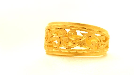 Gold band Ring with a leaf texture anniversary gift idea
