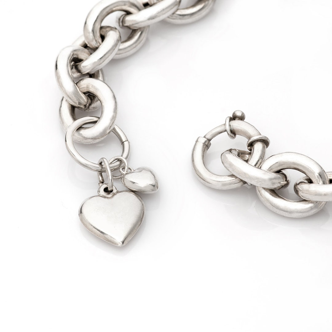 Rolo Chain Heart Bracelet Statement 925 Silver Bracelet Etsy