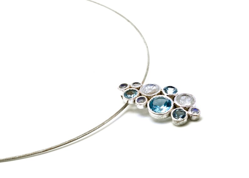 Sterling silver statement jewelry set with aquamarine and moonstone stones pendant holiday collection image 4