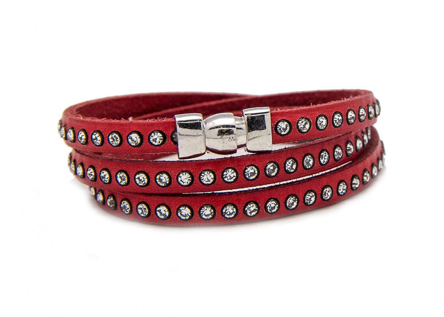 Long red leather bracelet Cuff bracelet Swarovski | Etsy