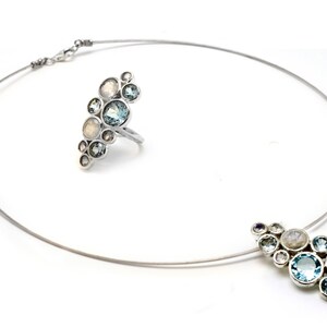 Sterling silver statement jewelry set with aquamarine and moonstone stones pendant holiday collection image 2
