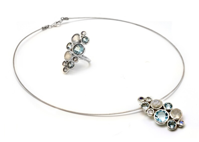 Sterling silver statement jewelry set with aquamarine and moonstone stones pendant holiday collection image 2