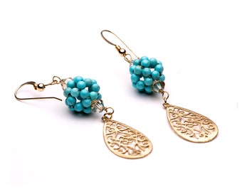 Turquoise & Gold Dangling Earrings, Coral Balls Earrings,  9K Gold Drop Lace Pendant Earrings, Oriental Gold Earrings, Romantic Jewelry
