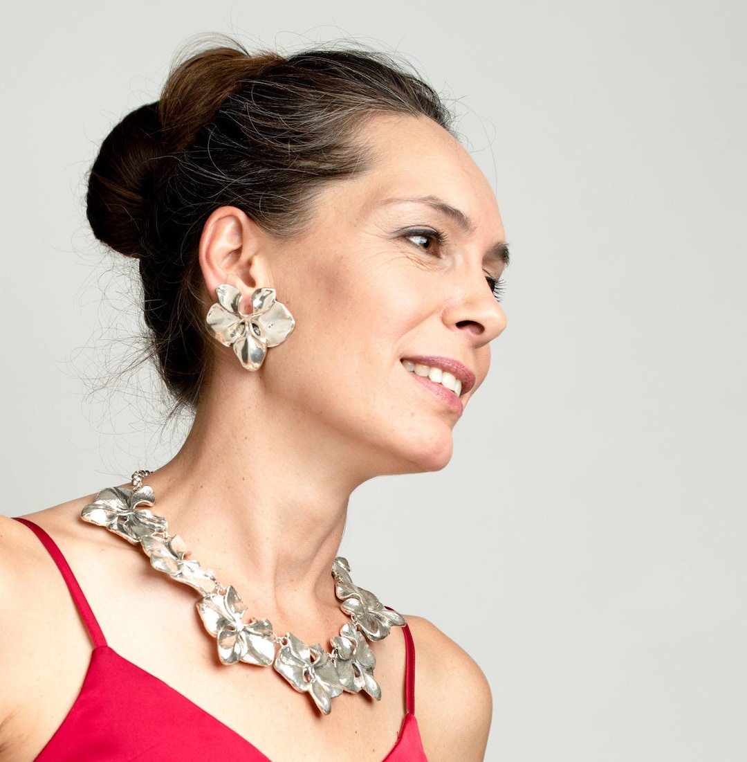 Large Clip on Earrings, Big Lily Flower Earrings, 925 Silver Floral