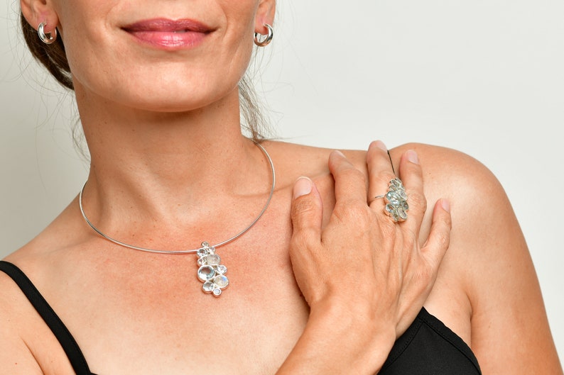 Sterling silver statement jewelry set with aquamarine and moonstone stones pendant holiday collection image 3