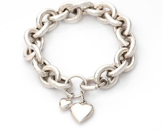 Rolo Chain Heart Bracelet, Statement 925 Silver Bracelet, Silver Chunky Bracelet, Everyday Bracelet, Heart Charm Bracelet, Mom Jewelry Gift