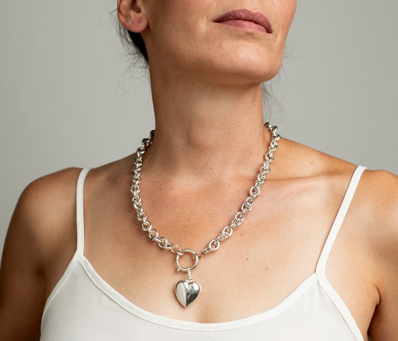 Sterling Silber chunky große Herz Verschluss Anhänger Kette Halskette für Frauen Bild 1