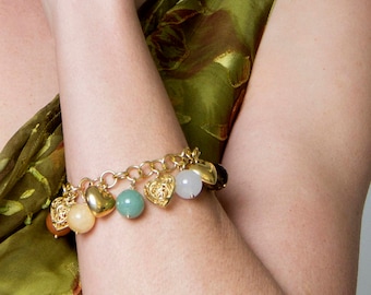Colorful Gemstone Bracelet, Chunky Stone Bracelet, Gold Hearts Bracelet, Multi Gemstone Bracelet, Boho Beaded Bracelet, Statement Bracelet