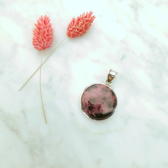 Pendentif Rhodonite rond, bijoux argent, collier p
