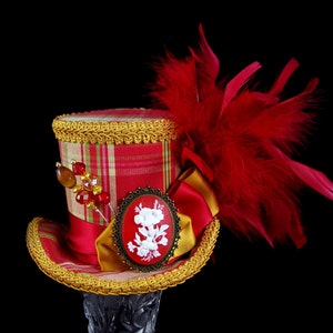 Red and Gold Plaid Flower Cameo Medium Mini Top Hat Fascinator, Alice in Wonderland, Mad Hatter Tea Party, Derby Hat image 2