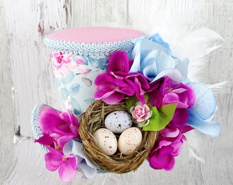 Pink and Blue Bird Nest Flower Garden Large Mini Top Hat Fascinator, Alice in Wonderland, Mad Hatter Tea Party, Derby Hat