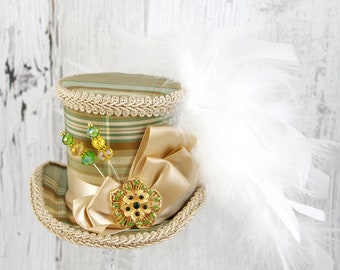 Tan and Green Plaid Medium Mini Top Hat Fascinator, Alice in Wonderland, Mad Hatter Tea Party, Derby Hat