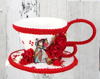 Queen of Hearts Cutout Red and White with Paper Rose Tea Cup Fascinator Hat, Alice in Wonderland Mad Hatter Tea Party, Derby Hats