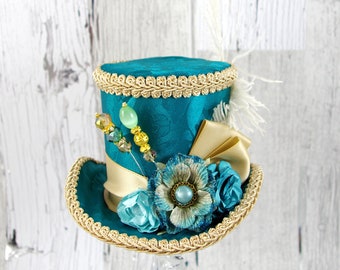 Teal and Tan Paper Flower Medium Mini Top Hat Fascinator, Alice in Wonderland, Mad Hatter Tea Party, Derby Hat