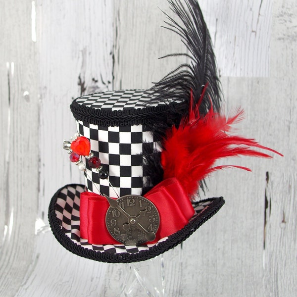 Queen of Hearts – Black, White, and Red Checkered Large Mini Top Hat , Alice in Wonderland, Mad Hatter Tea Party Derby Hag