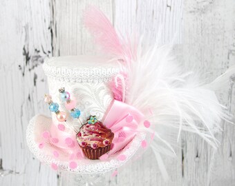 Ivory White and Light Pink Cupcake Cutout Medium Mini Top Hat Fascinator, Alice in Wonderland, Mad Hatter Tea Party
