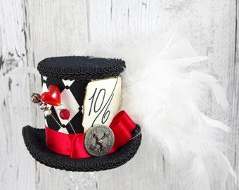 Queen of Hearts - Black, White, and Red Harlequin Medium Mini Top Hat Fascinator, Alice in Wonderland, Mad Hatter Tea Party, Derby Hat