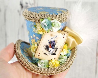 Blue, Beige and Yellow White Rabbit Playing Card Cutout Small Mini Top Hat Fascinator, Alice in Wonderland Mad Hatter Tea Party, Derby