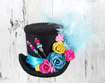 Black, Aqua, Pink, and Yellow Paper Flower Medium Mini Top Hat Fascinator, Alice in Wonderland, Mad Hatter Tea Party, Derby Hat